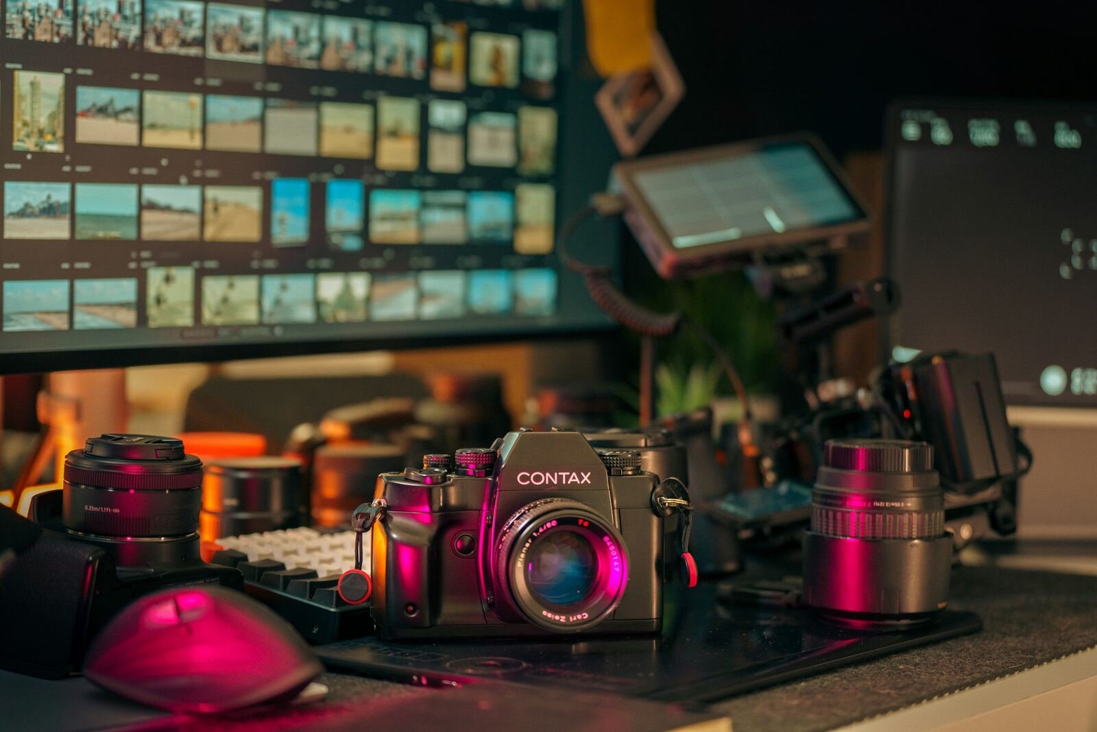 Camera and lenses arranged beside monitors in a creative editing workspace
